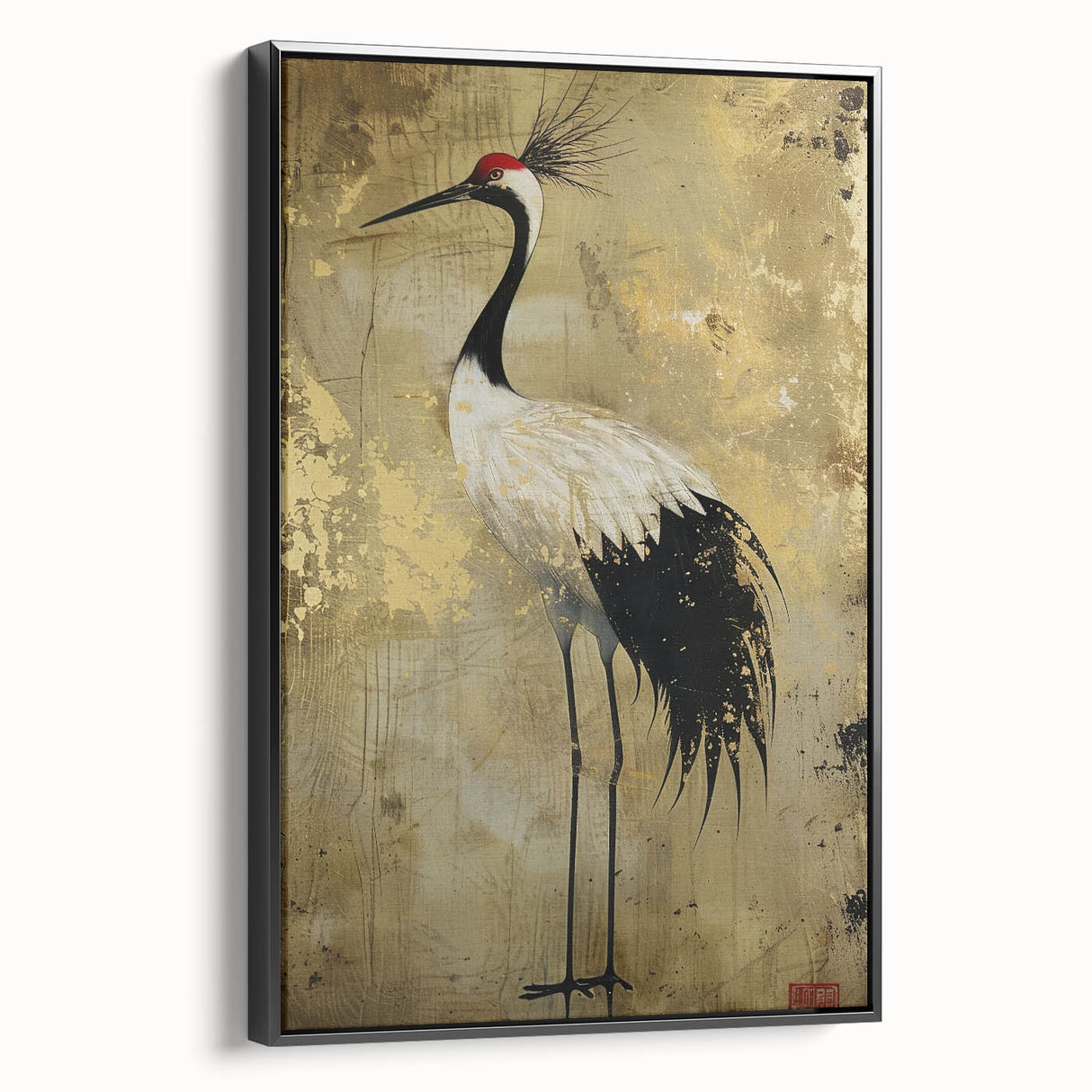 Framed wall art featuring a graceful crane design on a textured canvas, showcasing elegant black and white colors, ideal for modern home decor.