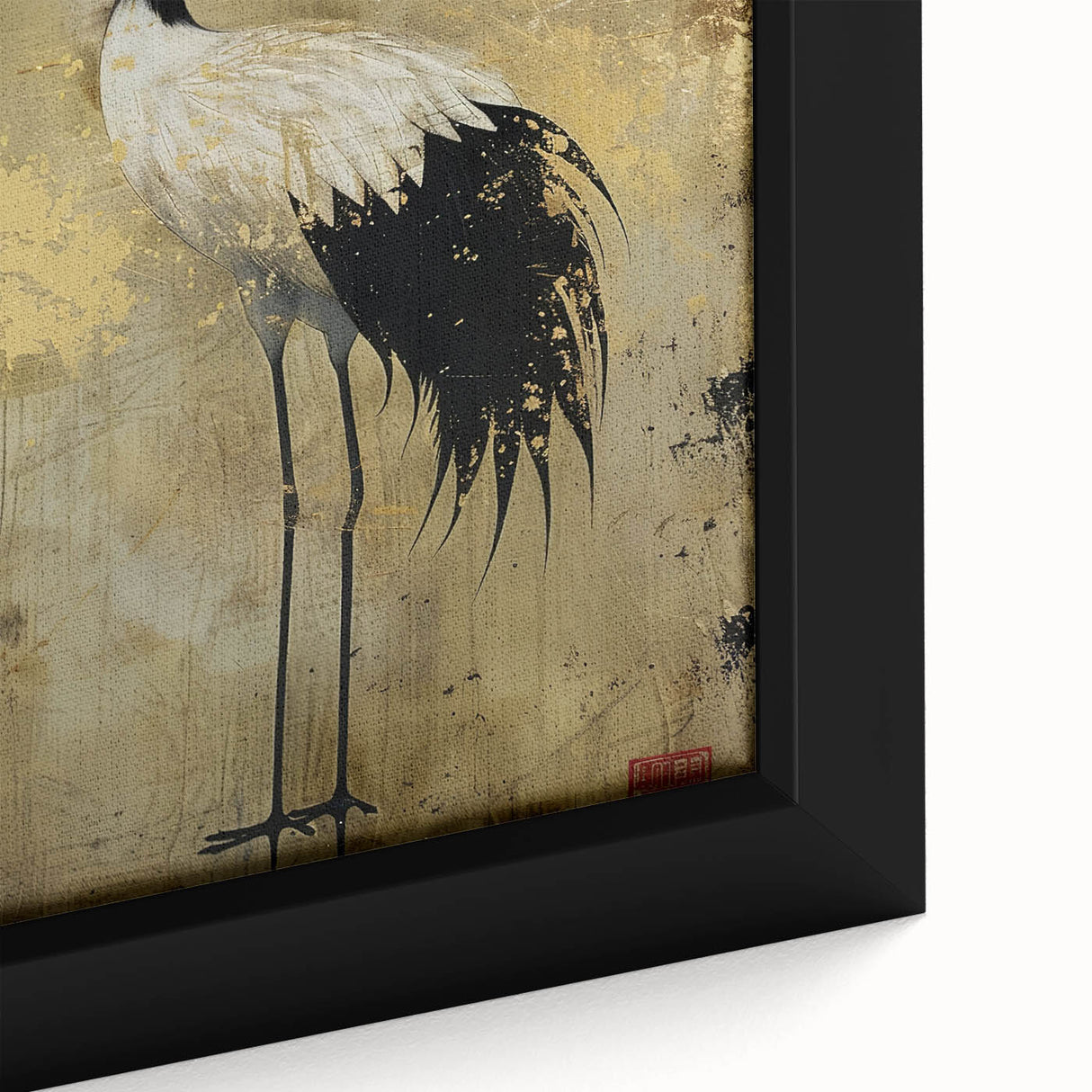 Close-up of a framed canvas wall art featuring a detailed crane design with vibrant colors, ideal for modern home decor or art collection displays.
