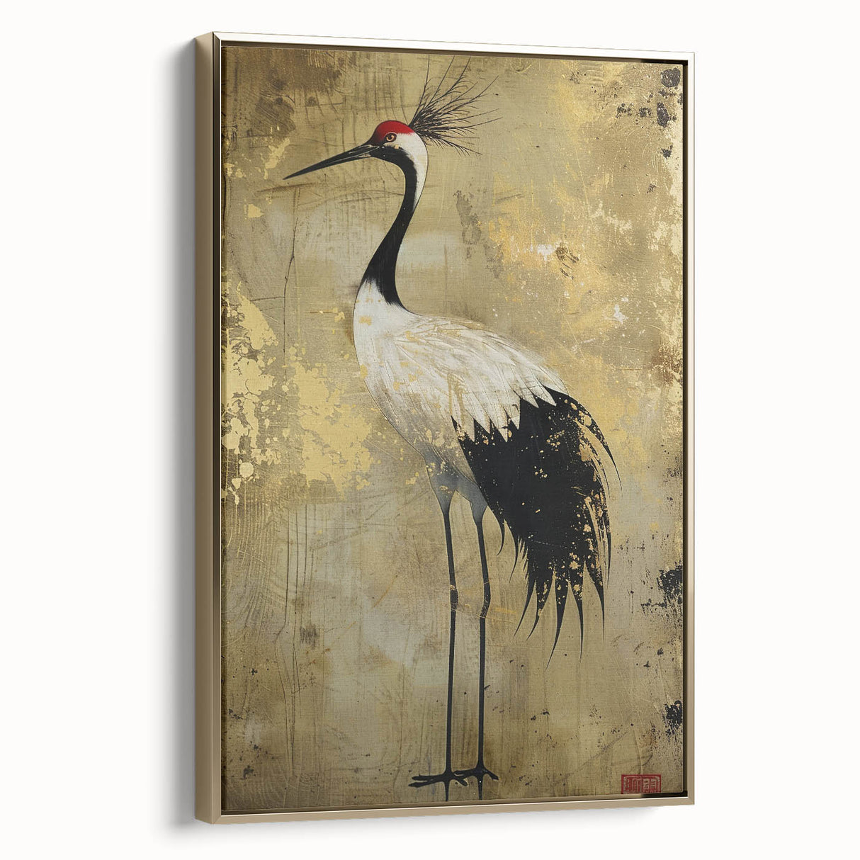 Framed wall art showcasing a gold-accented crane design on canvas, highlighting intricate details and a sleek side view, perfect for modern decor.