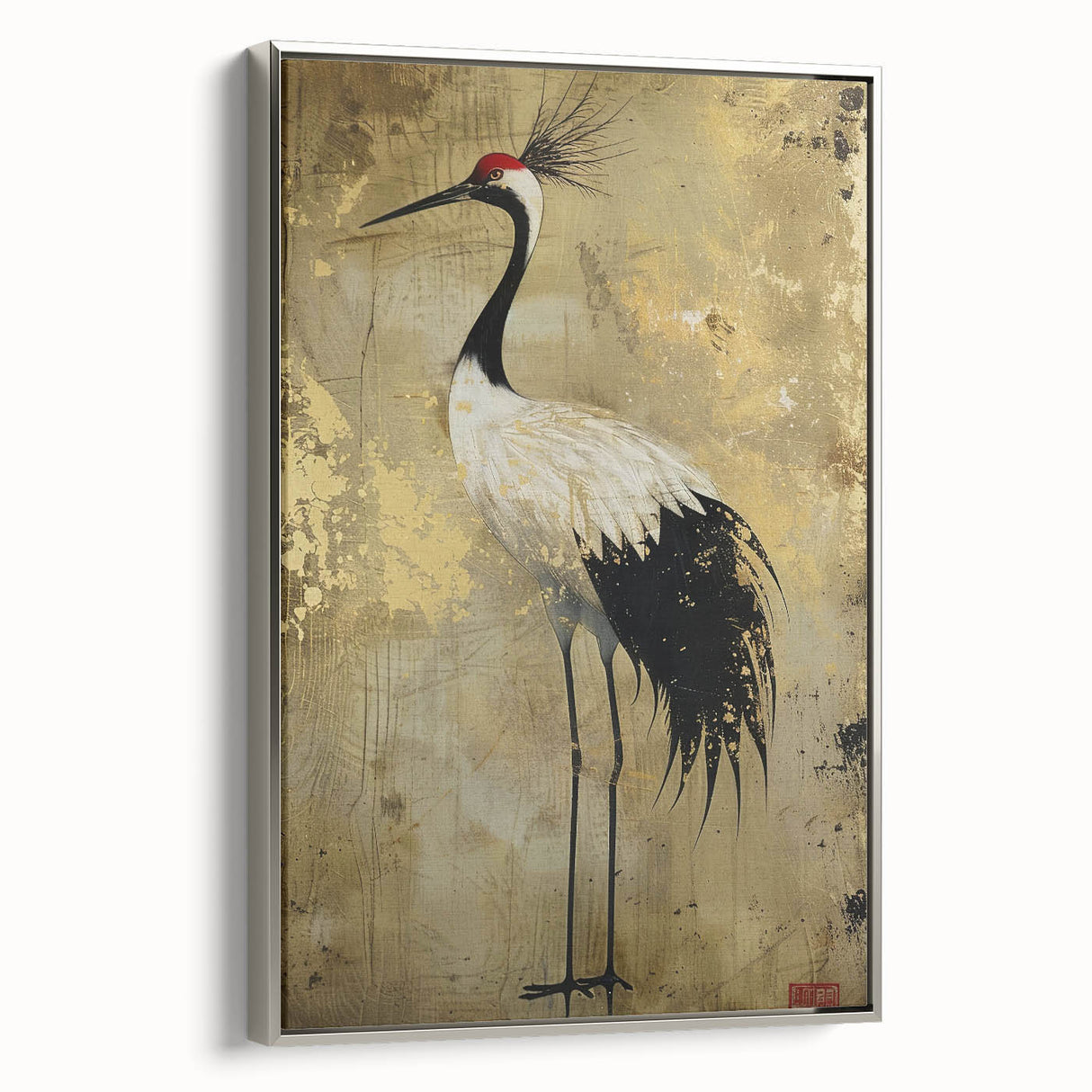 Framed wall art featuring an elegant crane design in silver tones, showcasing sophisticated bird imagery against a minimalist backdrop, ideal for modern decor.
