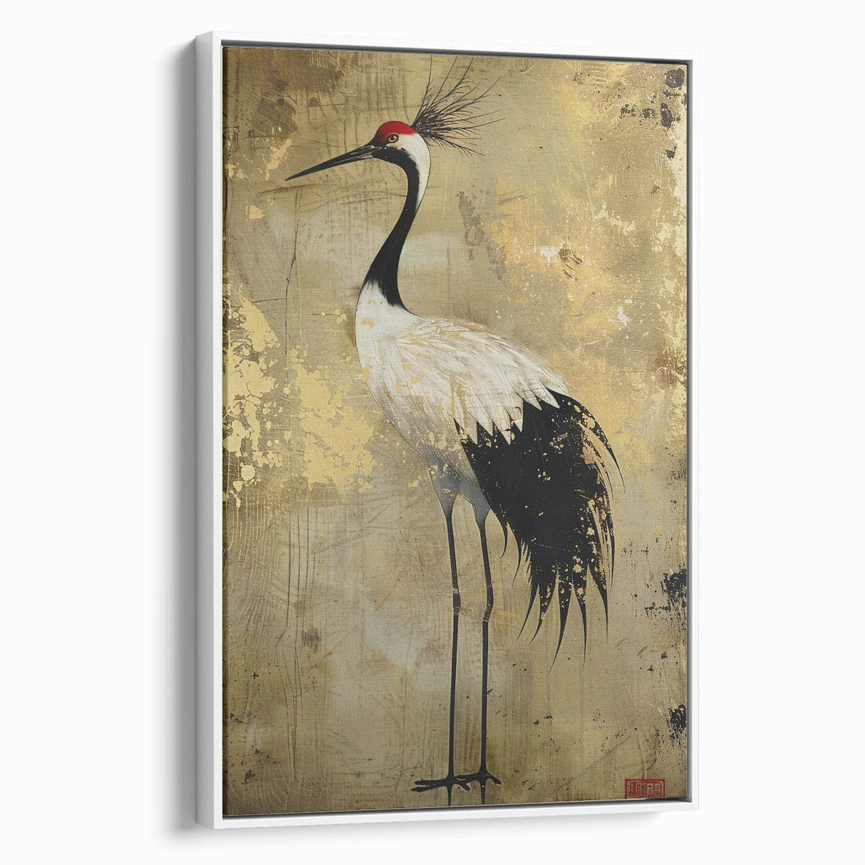 Framed canvas wall art featuring a graceful crane design in a minimalist style, set against a white background. Ideal for modern decor, this piece adds elegance and tranquility to any space. The side view showcases the frame's sleek profile, enhancing its contemporary appeal.