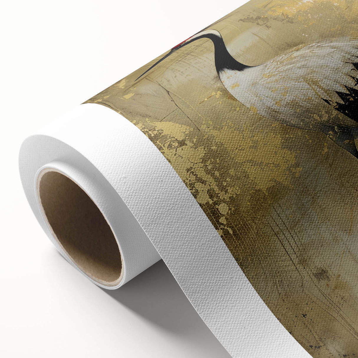 Elegant rolled canvas showcasing a vibrant crane design, part of a unique wall art collection. The artwork features intricate details and rich colors, perfect for enhancing living spaces. Packaged securely in a durable cardboard tube for safe delivery.