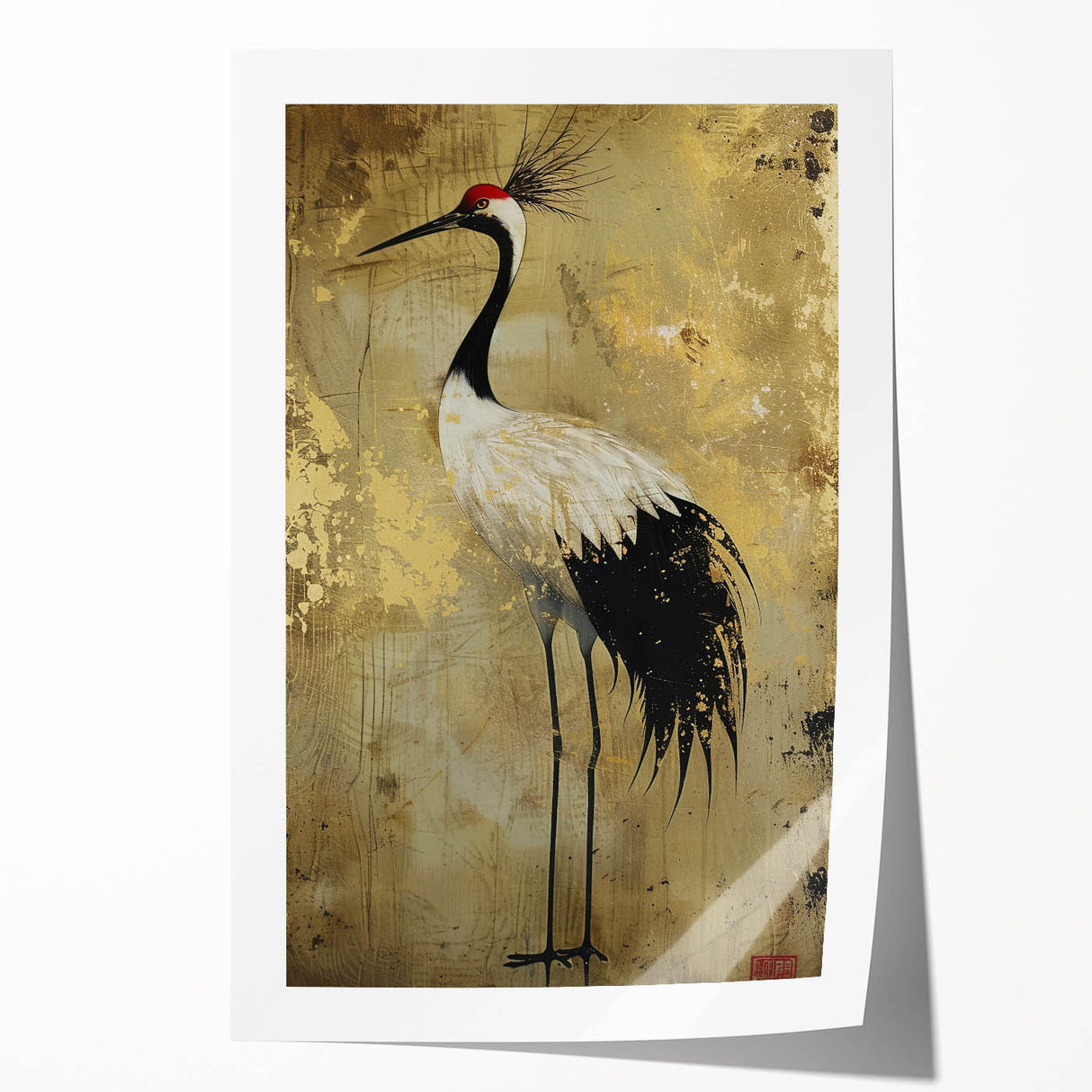 Elegant rolled print showcasing a crane design in vibrant colors, perfect for home decor. Ideal for enhancing modern and eclectic interiors, this artwork adds a touch of sophistication.