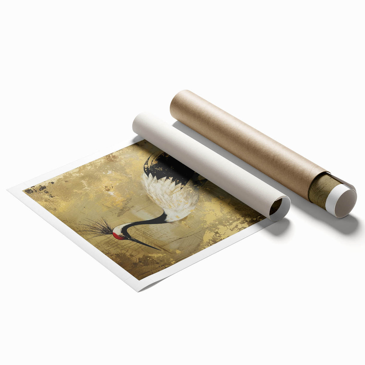 Elegant rolled print of a crane design, featuring intricate details and vibrant colors, perfect for enhancing home decor with a touch of nature-inspired artistry.