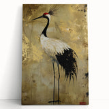Elegant crane design wall art on stretched canvas, showcasing a serene blue and gold color palette, perfect for modern home decor. Ideal for nature lovers.