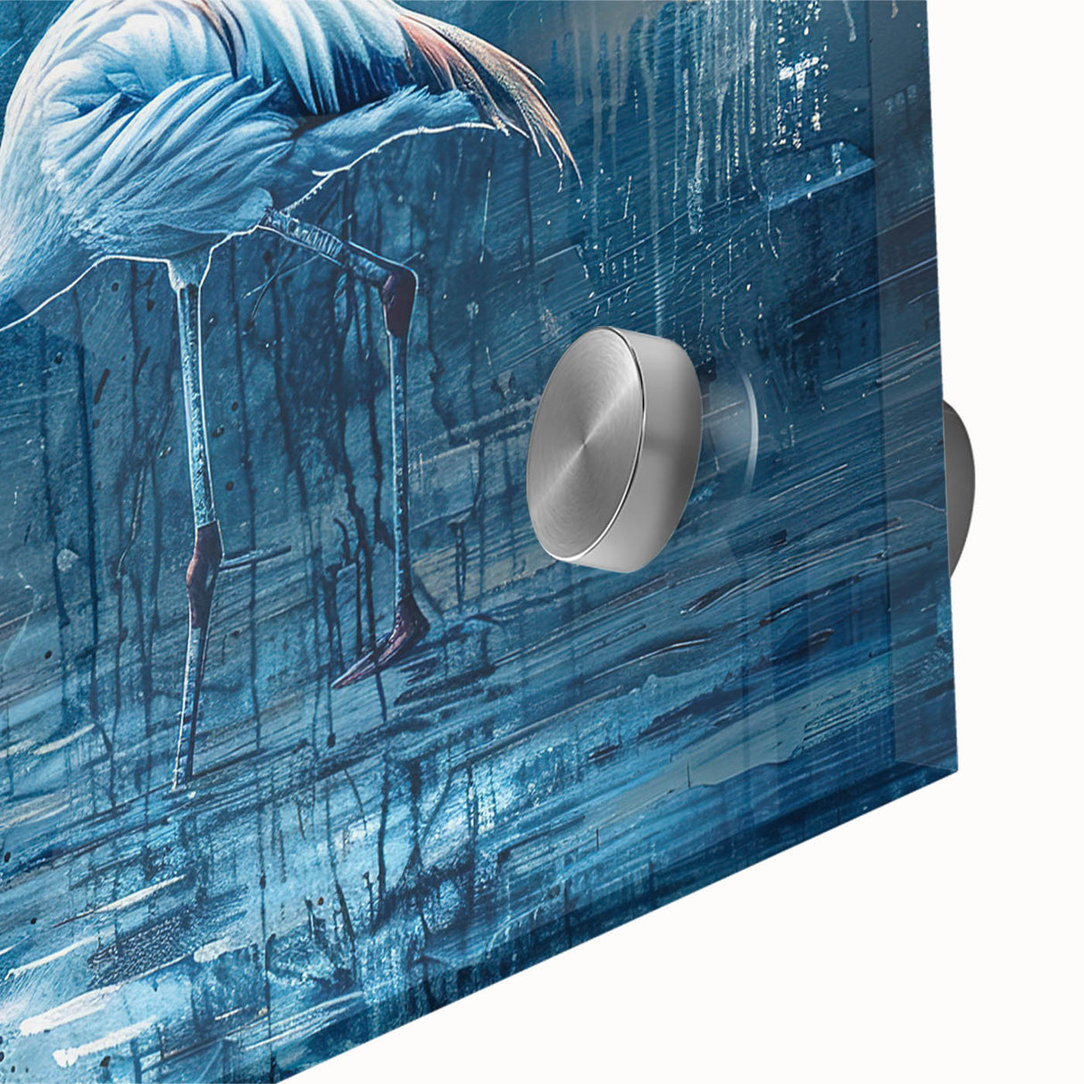Close-up of a stunning crane design wall art piece, showcasing vibrant colors and intricate details on acrylic glass, ideal for modern home decor.