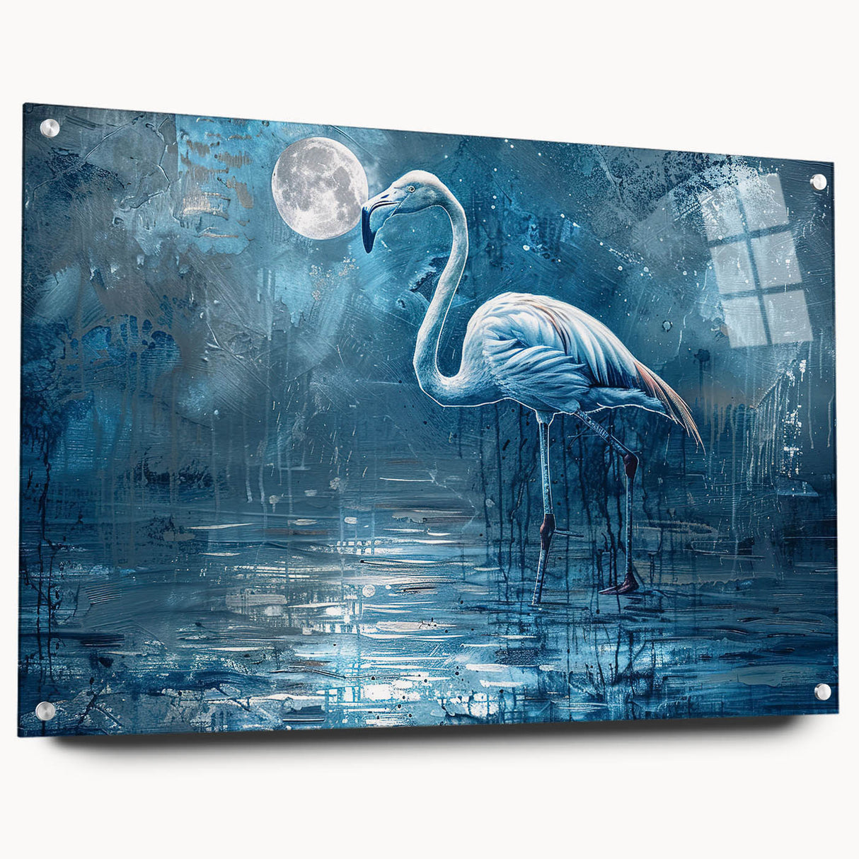 Elegant wall art featuring a crane design in vivid colors, displayed in a sleek acrylic frame with pins, perfect for modern home decor. Ideal for nature enthusiasts and art collectors.