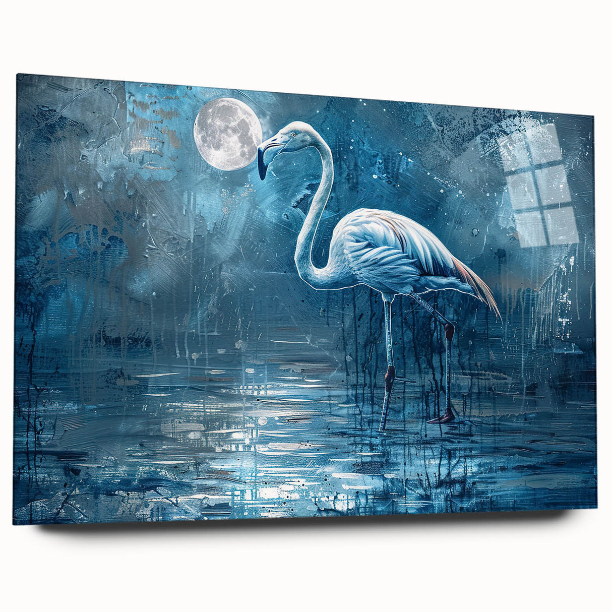 Elegant wall art featuring a crane design printed on acrylic glass, showcasing vibrant colors and intricate details, ideal for modern home decor or artistic spaces.