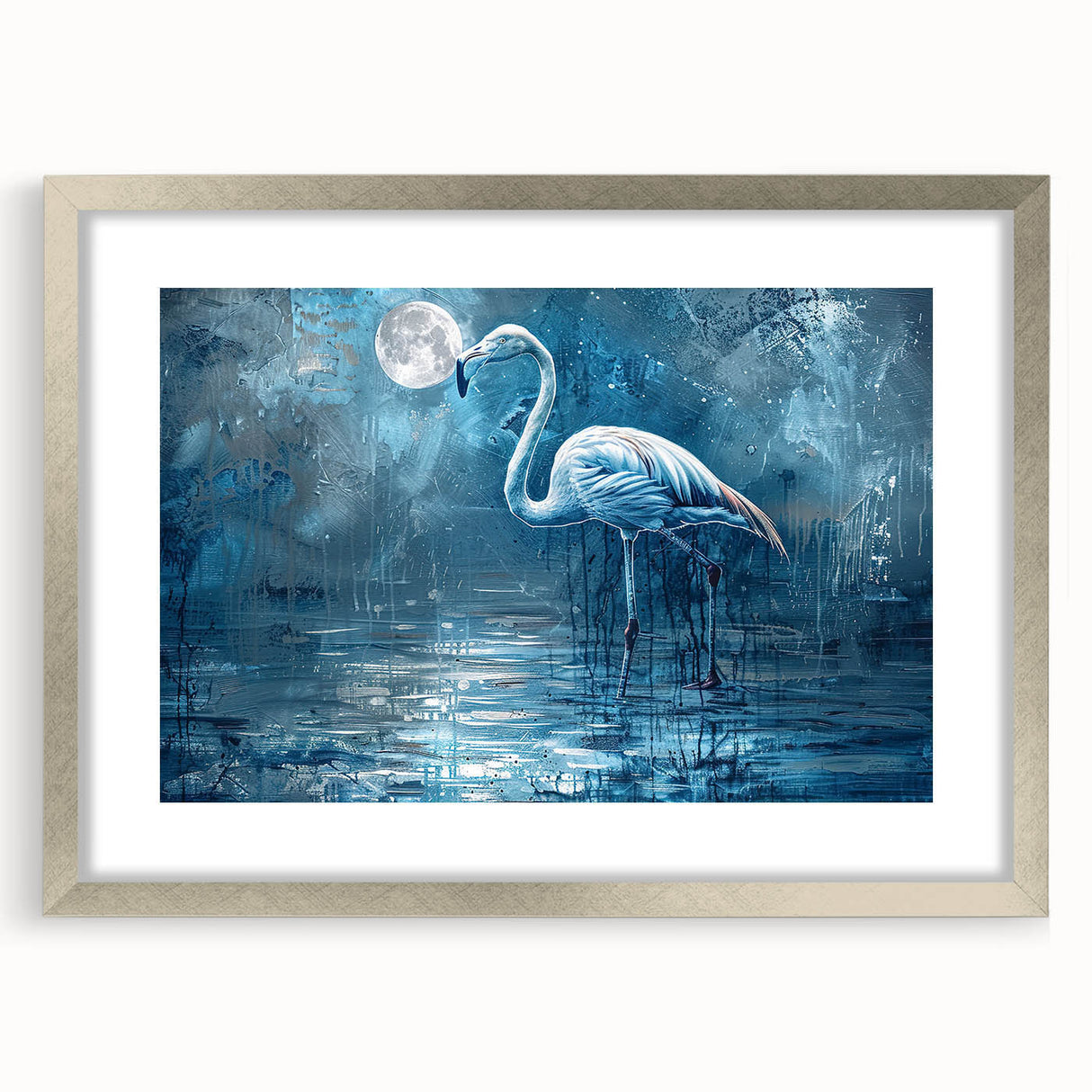 Framed wall art featuring an elegant crane design with a silver mat, showcasing intricate details and a modern aesthetic suitable for contemporary decor.