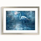 Framed wall art featuring an elegant crane design with a silver mat, showcasing intricate details and a modern aesthetic suitable for contemporary decor.