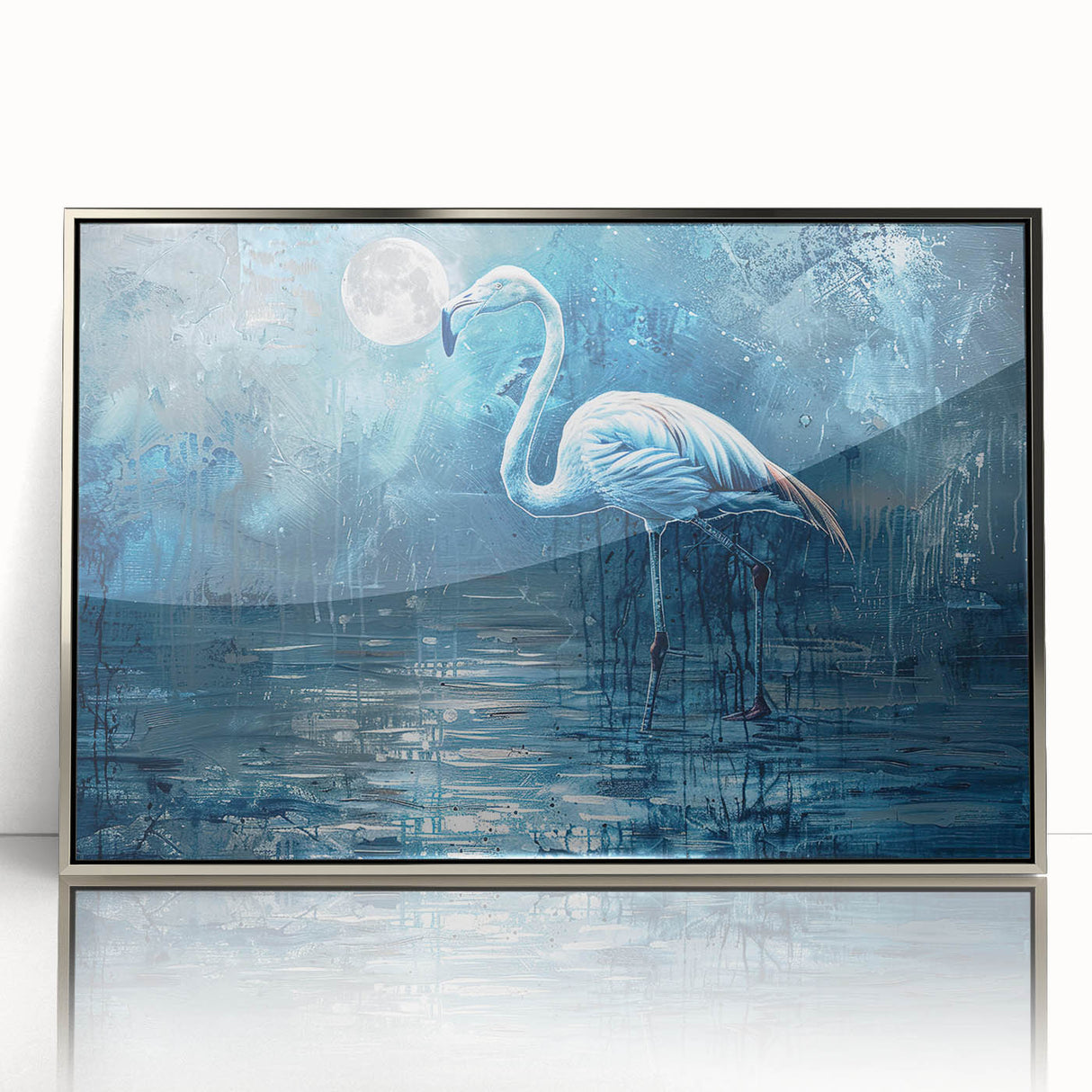 Framed acrylic wall art featuring an elegant crane design in silver tones, showcasing a modern aesthetic perfect for home decor, enhancing wall spaces with sophistication.