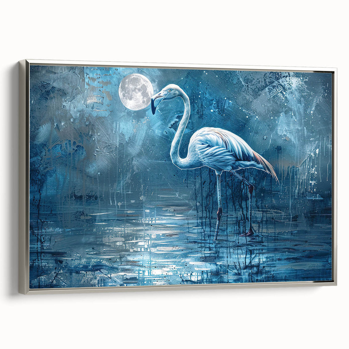 Framed wall art featuring an elegant crane design in silver tones, showcasing intricate details and a modern aesthetic, ideal for contemporary decor.