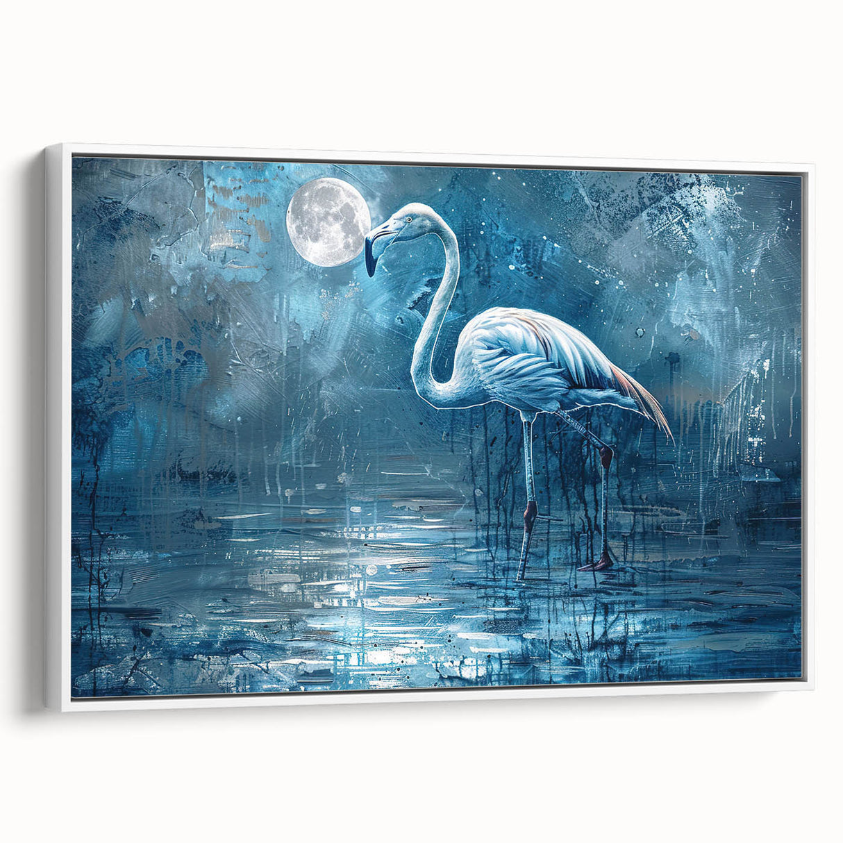 Framed canvas wall art depicting elegant cranes in flight with a white background, ideal for modern home decor. The artwork adds a serene touch to any room.