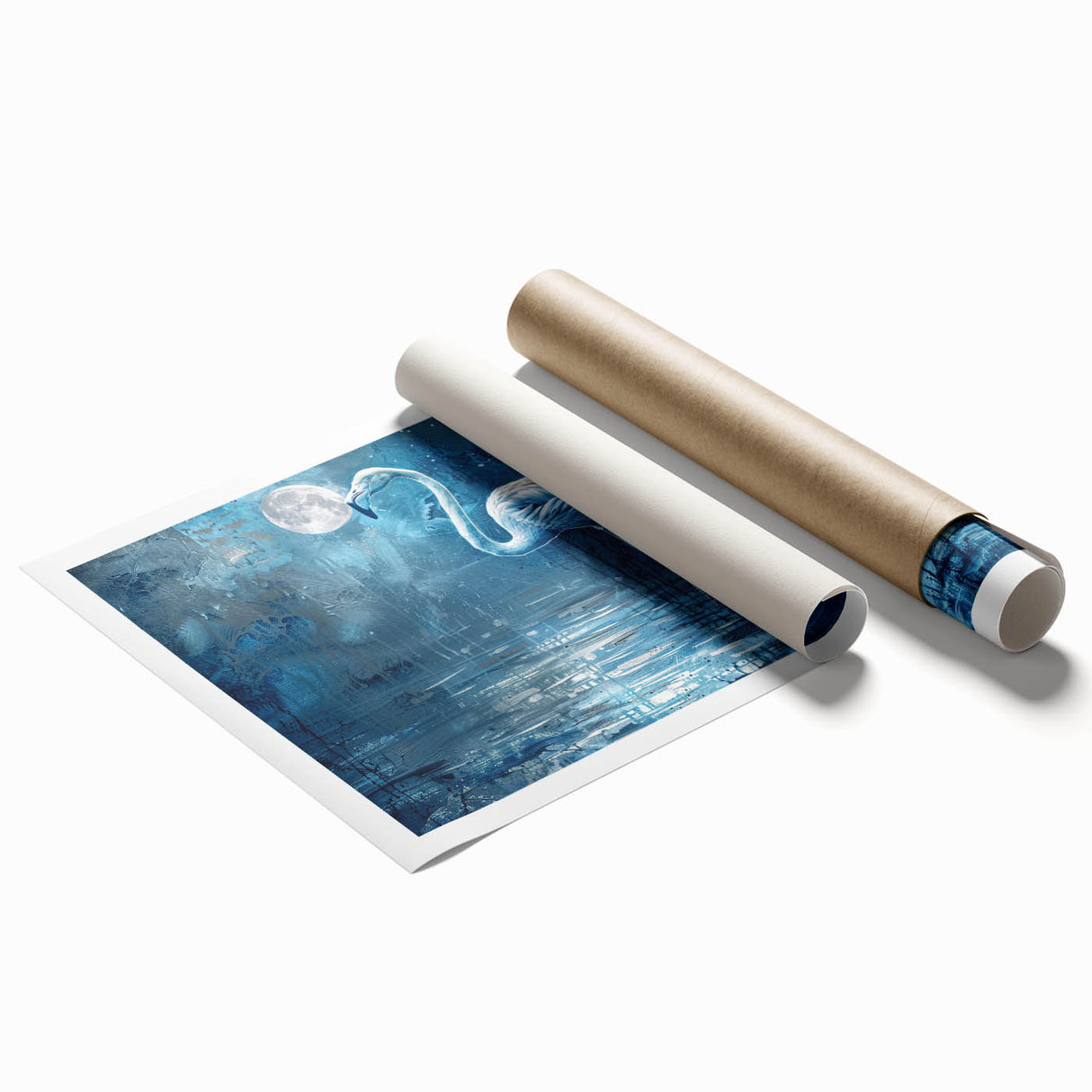 Elegant rolled print of a crane design, showcasing intricate details and soft color palette, ideal for enhancing modern home decor aesthetics.
