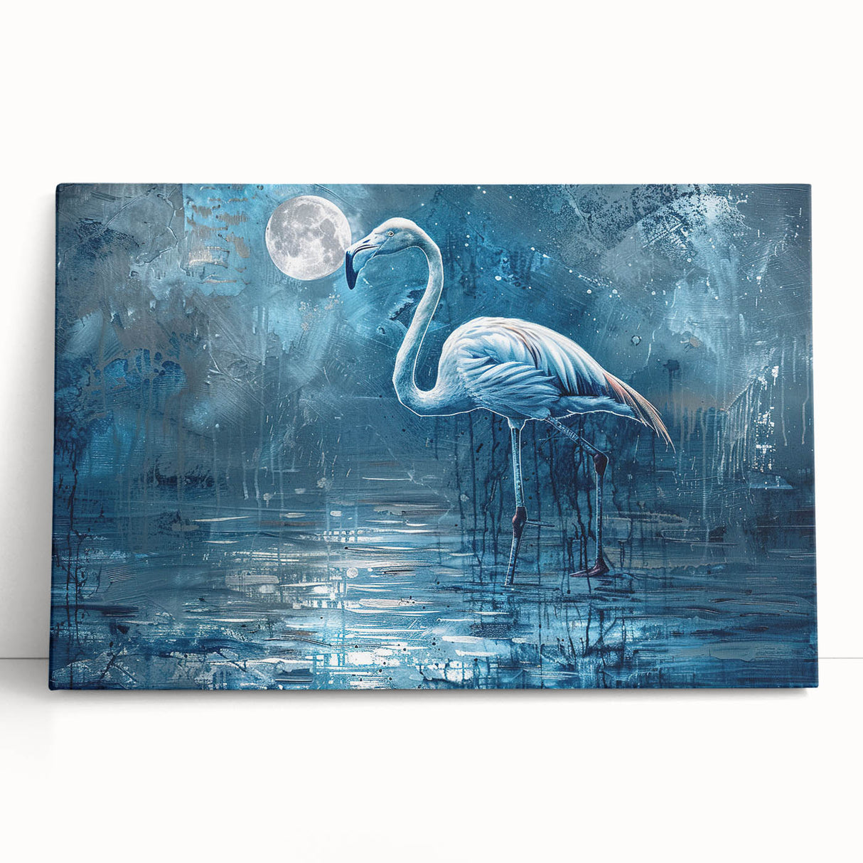 Stretched canvas wall art featuring a serene crane design, elegantly leaning against a wall, showcasing intricate details and soft color tones for a tranquil ambiance.