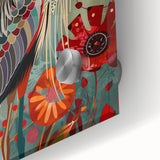 Close-up of a stunning wall art piece featuring a crane design, intricately detailed on acrylic glass, showcasing vibrant colors and elegant lines, ideal for modern decor.