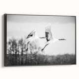 Framed wall art showcasing an elegant crane design in black and white, displayed from a side view with a sleek, modern frame, perfect for contemporary decor.