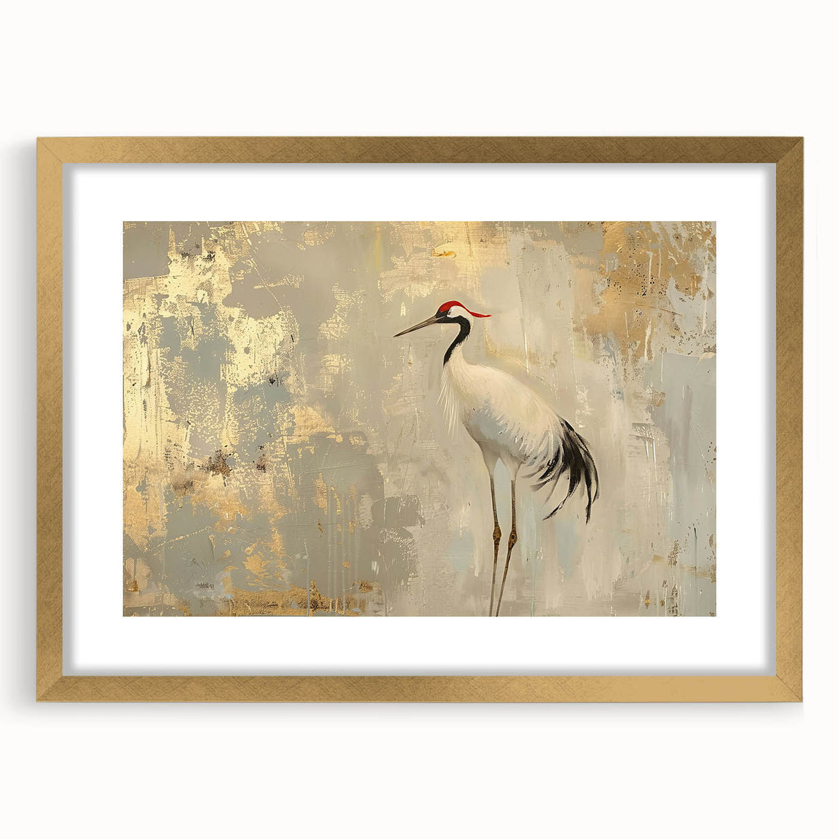 Framed wall art featuring an elegant crane design in gold, showcasing intricate details on a white background, perfect for stylish home decor.