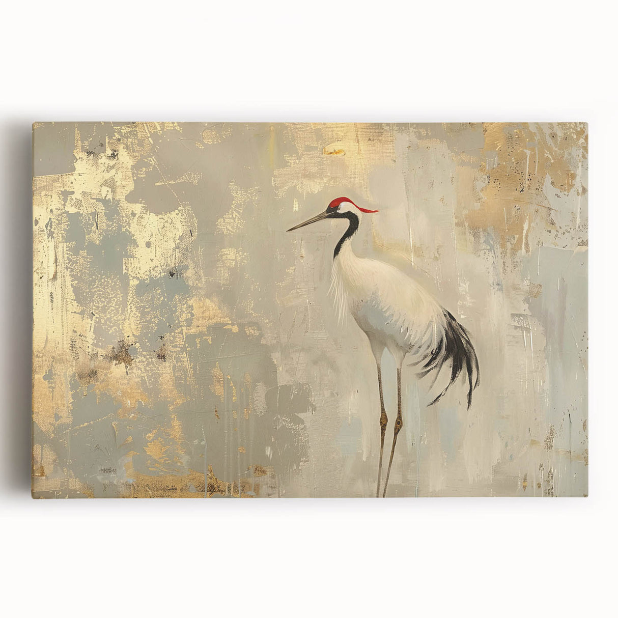 Stretched canvas wall art featuring a serene crane design in soft blues and greens, perfect for modern home decor or nature-themed spaces, enhancing tranquility.
