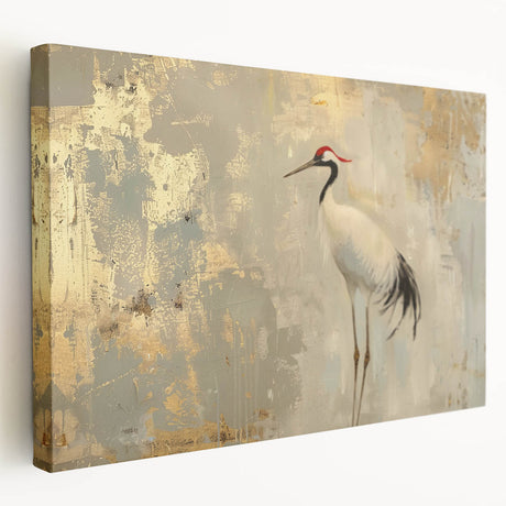 Stretched canvas wall art showcasing an elegant crane design in soft pastel colors, framed for a sophisticated look, perfect for modern home decor.