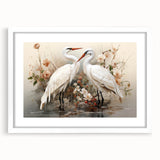 Elegant wall art featuring a crane design in a sleek white frame with a mat, showcasing intricate details against a minimalist backdrop. Perfect for modern home decor, this piece adds a touch of sophistication and nature-inspired aesthetics to any room.