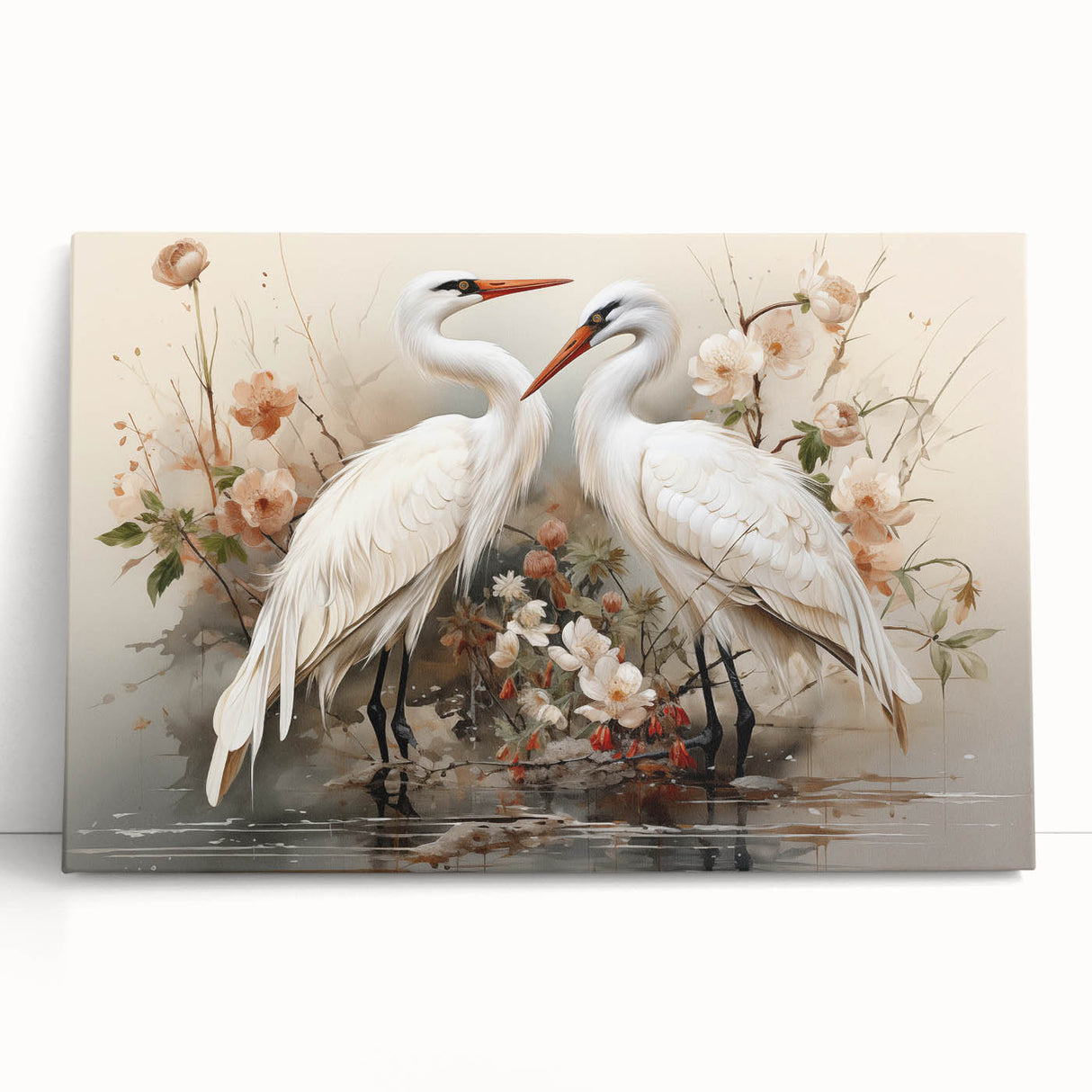 Elegant stretched canvas wall art depicting a graceful crane design in serene hues, ideal for enhancing home decor with a touch of nature's beauty.