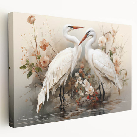 Elegant stretched canvas wall art showcasing a serene crane design in soft pastel colors, perfect for home decor or office ambiance, highlighting artistic craftsmanship.