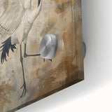 Close-up of a stunning crane design wall art piece, showcasing vibrant colors and intricate details, set against a sleek acrylic glass background, perfect for modern decor.