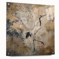 Elegant side view of a crane design wall art collection featuring acrylic glass with visible pins, showcasing intricate details and vibrant colors, perfect for modern decor.