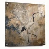 Elegant side view of a crane design wall art collection featuring acrylic glass with visible pins, showcasing intricate details and vibrant colors, perfect for modern decor.