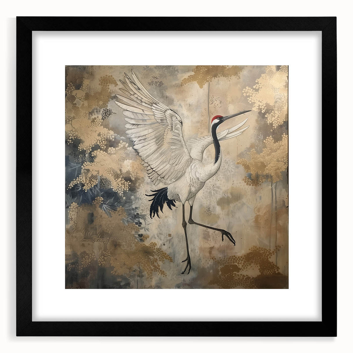 Black-framed wall art showcasing a serene crane design, elegantly matted to enhance the artwork’s details. Ideal for modern home decor and nature lovers.