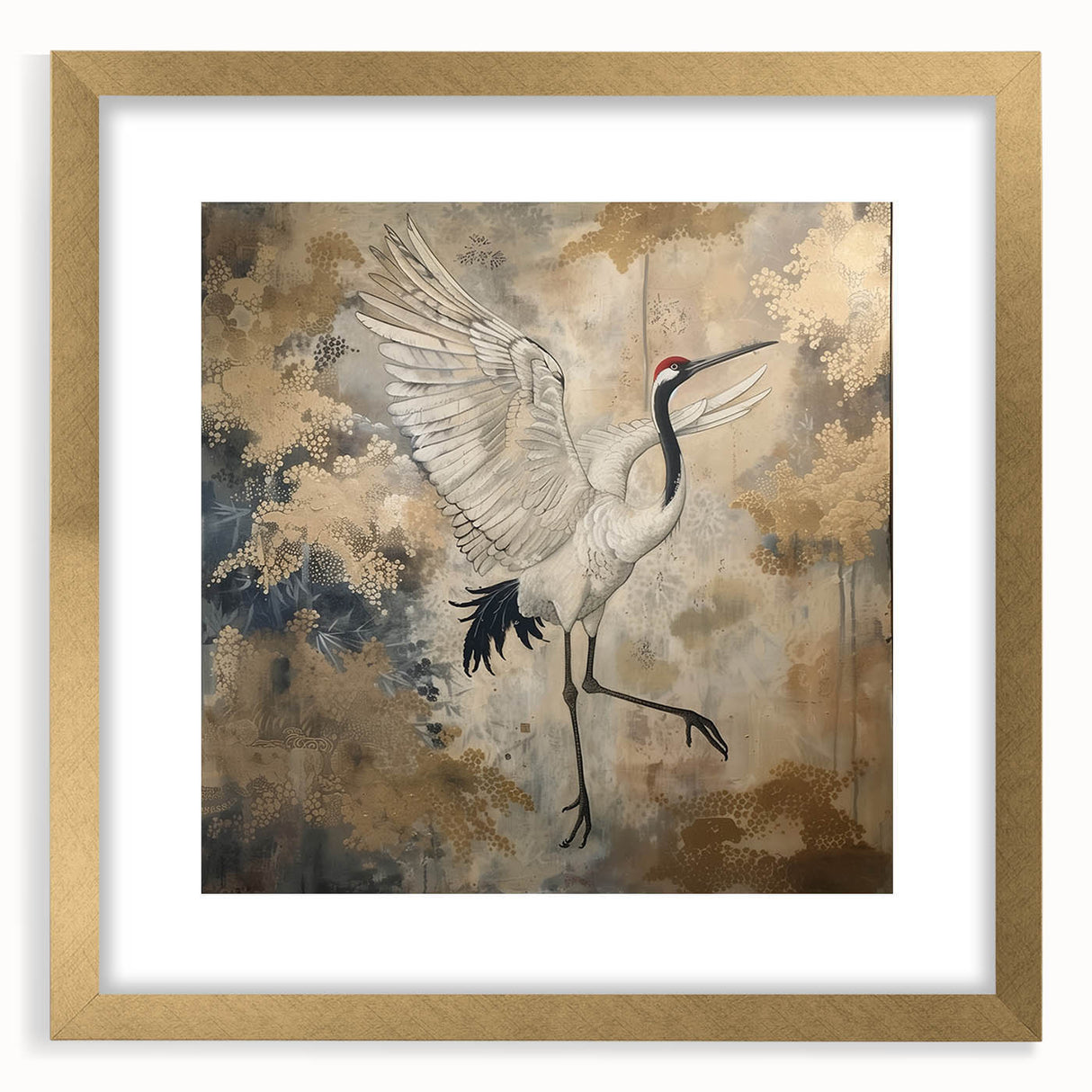 Framed wall art featuring a graceful crane design in gold tones, elegantly displayed with a white mat, perfect for enhancing home decor with a touch of sophistication.