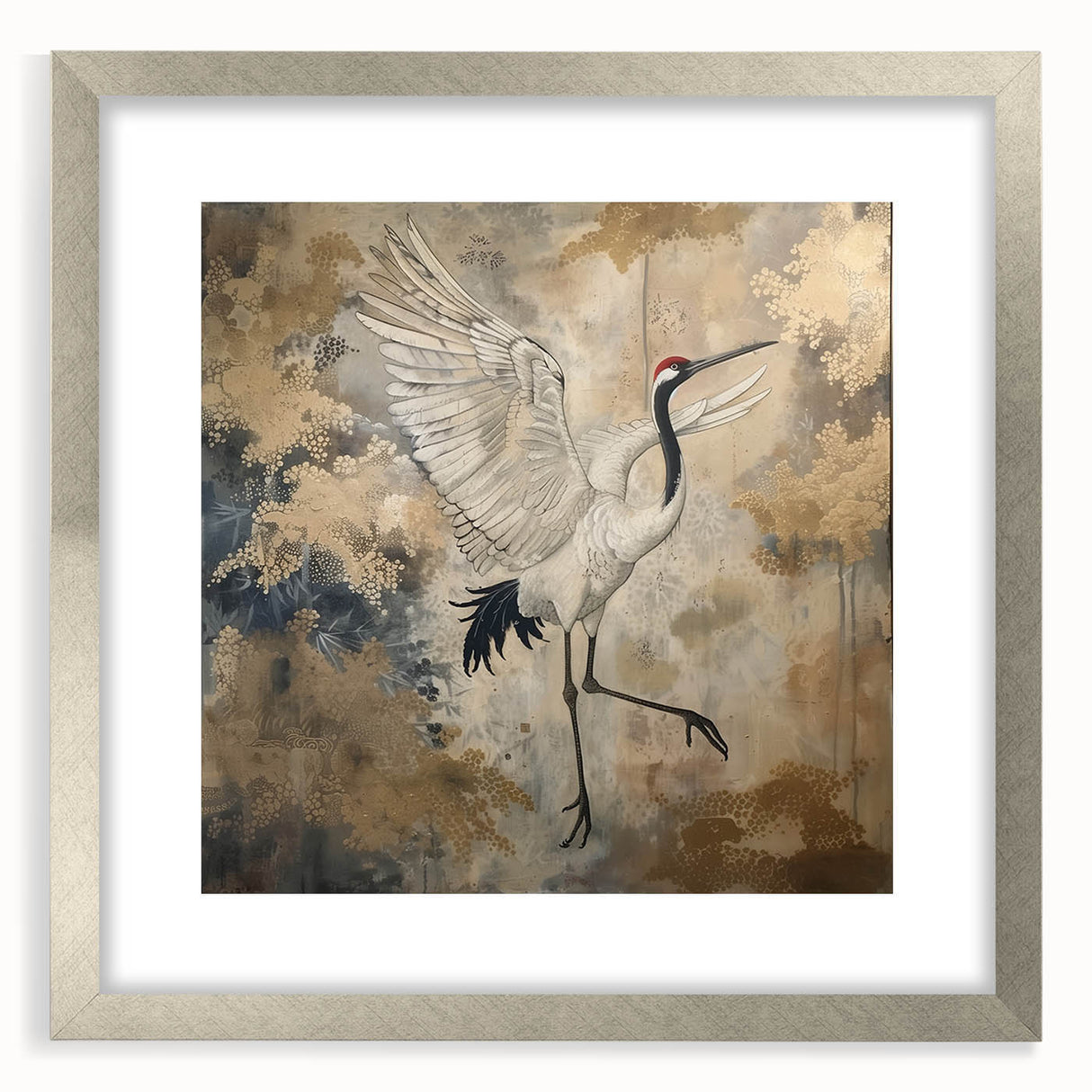 Elegant silver-framed wall art featuring a serene crane design, showcasing intricate details and a stylish mat, perfect for enhancing home decor with a touch of nature.