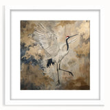 Framed wall art featuring an elegant crane design in soft pastel colors, showcasing a minimalist aesthetic with a white mat and frame, ideal for home decor.