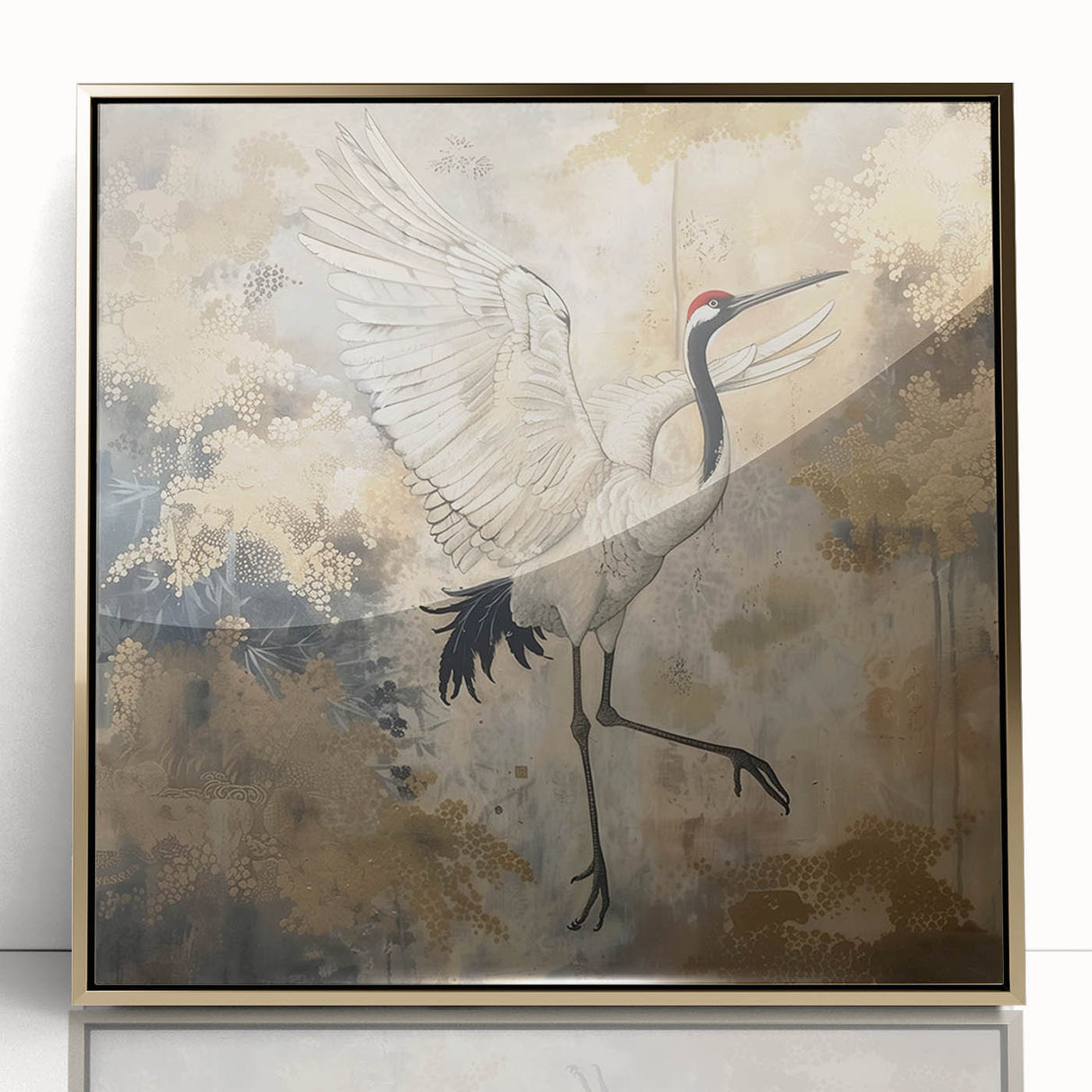 Framed wall art featuring an elegant crane design in gold accents, showcasing a contemporary aesthetic with a sleek acrylic front, perfect for modern decor.