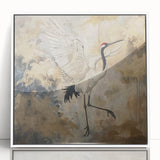 Framed wall art featuring an elegant crane design in a minimalist white frame, showcasing intricate details against a soft background, perfect for modern decor.