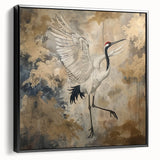 Framed wall art featuring a striking crane design on a black background, showcasing elegant lines and vibrant colors. Perfect for modern home decor.