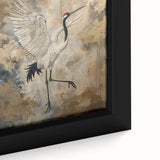 Close-up of a framed canvas wall art piece featuring an elegant crane design against a serene background, perfect for enhancing modern home decor.