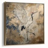 Framed canvas wall art showcasing an elegant crane design in gold tones, perfect for modern home decor, viewed from the side to highlight its sleek profile.
