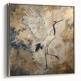 Framed wall art showcasing a silver side view of a graceful crane design, perfect for modern decor. Ideal for adding elegance to living spaces or offices.