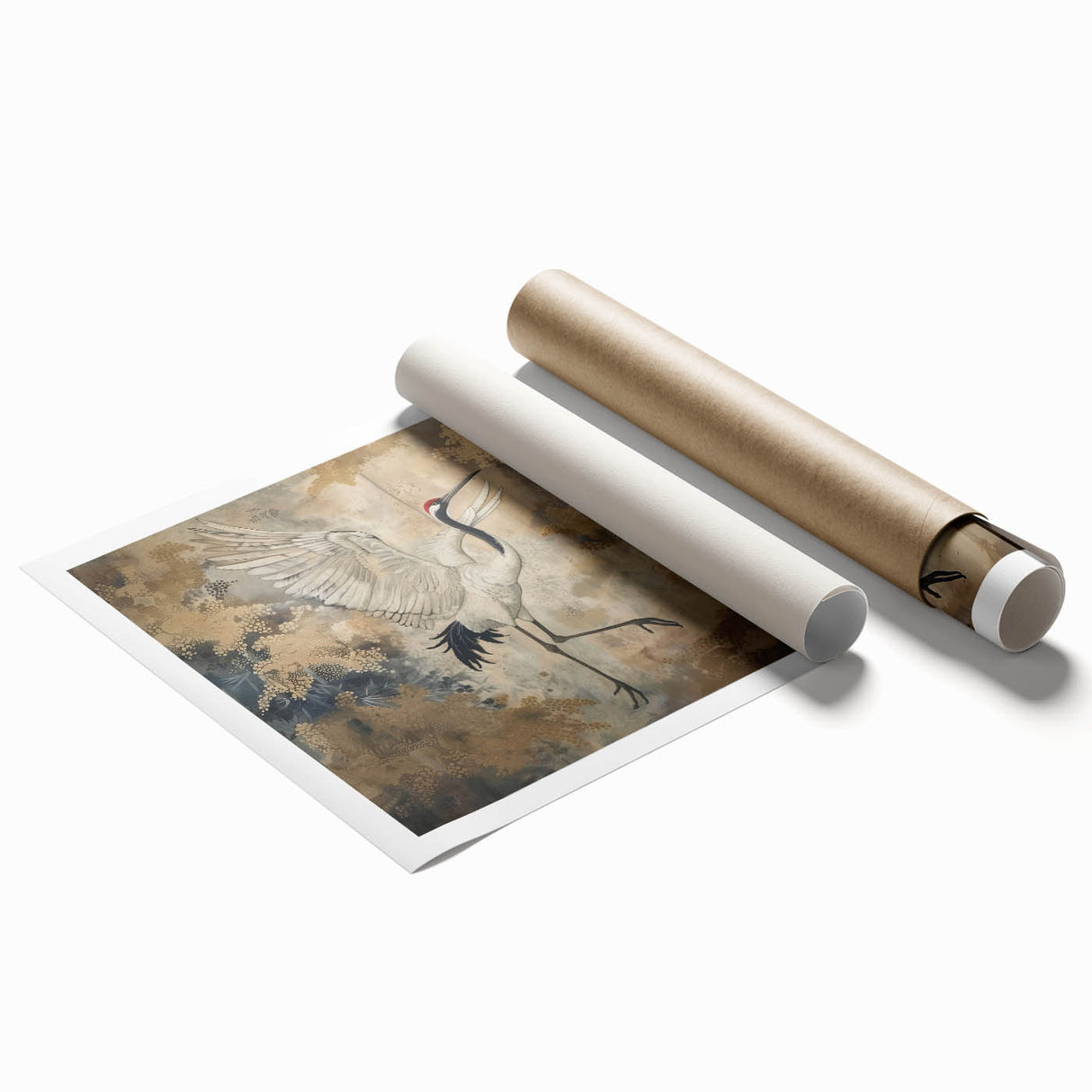 Elegant rolled print showcasing a crane design in vibrant colors, ideal for modern home decor. Perfectly packaged in a protective cardboard tube for safe delivery.