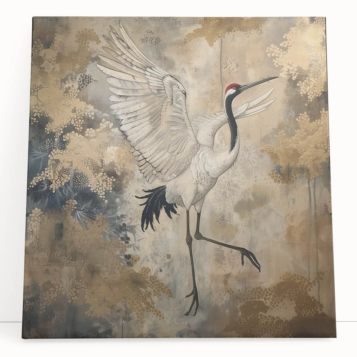 Elegant wall art featuring a striking crane design on stretched canvas, showcasing soft blue and gold hues, perfect for modern home decor.