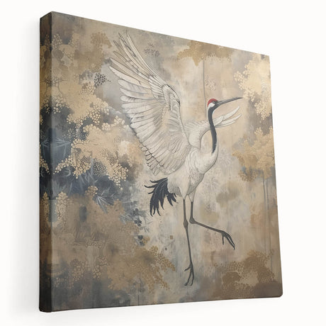 Stretched canvas wall art showcasing an elegant crane design in soft pastel colors, perfect for modern decor. Side view highlights its gallery wrap finish.