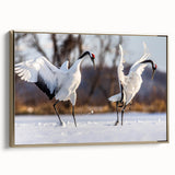 Framed wall art collection featuring elegant crane designs on canvas with gold accents, showcasing a sophisticated side view in a modern decor setting.