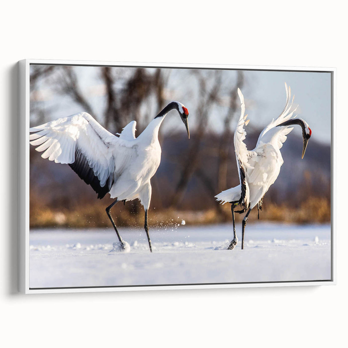 Framed wall art featuring a graceful crane design on a white canvas, showcasing elegant colors and intricate details, ideal for modern home decor.