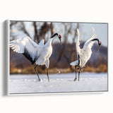 Framed wall art featuring a graceful crane design on a white canvas, showcasing elegant colors and intricate details, ideal for modern home decor.