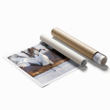 Elegant wall art print showcasing a crane design in vibrant colors, beautifully rolled for easy display. Ideal for enhancing home decor with nature-inspired themes.