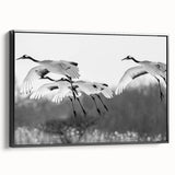 Framed canvas wall art showcasing an elegant crane design in black and white, perfect for modern home decor. Side view highlights the sleek frame and textured finish, adding sophistication to any room.