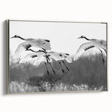 Framed wall art collection showcasing elegant cranes in silver tones, designed for stylish home decor. Perfect for modern living spaces or as a unique gift.