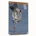 Acrylic glass wall art showcasing a crane design in vibrant colors, displayed from the side with pins, perfect for modern decor and bird enthusiasts.
